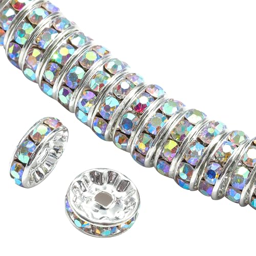 100Pcs Rondelle Spacer Beads Round Crystal Charms Czech Rhinestone Silver Plated Spacer Loose Beads for DIY Bracelet Necklace Jewelry Making Supplies (4MM, AB Crystal) - color: AB Crystal, size: 4MM