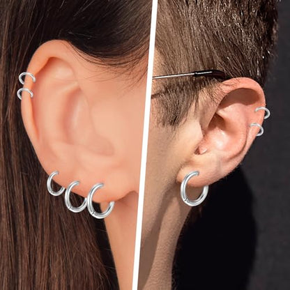 5 Pairs Solid Titanium Hoop Earrings Silver Small Stainless Steel Hoop Earrings 8mm 10mm 12mm 14mm 16mm Huggie Earring Hoops for Women Men
