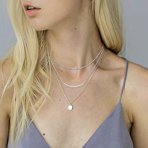 Aisansty Dainty Layered Choker Necklaces Handmade Coin Tube Star Pearl Pendant Multilayer Adjustable Layering Chain Gold Plated Necklaces Set for Women - color: Silver, style: Silver Coin&Bar
