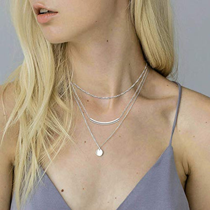 Aisansty Dainty Layered Choker Necklaces Handmade Coin Tube Star Pearl Pendant Multilayer Adjustable Layering Chain Gold Plated Necklaces Set for Women - color: Silver, style: Silver Coin&Bar