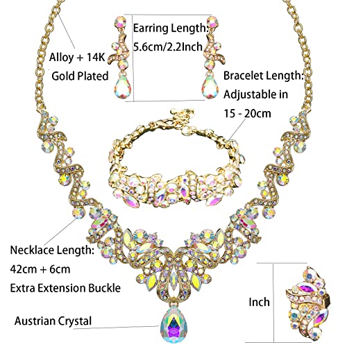Jewelry Set for Women, Statement Necklace Dangle Earrings Bracelet Ring, White/KC Gold Plated Jewelry Set with Rhinestone Pearl Crystal Wedding Party Jewelry for Bridal Bridesmaid - color: Set001-Style2-AB Crystal-Gold Plated