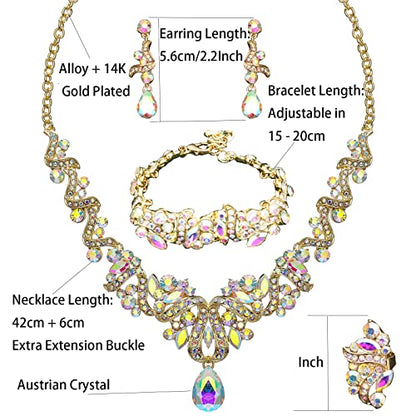 Jewelry Set for Women, Statement Necklace Dangle Earrings Bracelet Ring, White/KC Gold Plated Jewelry Set with Rhinestone Pearl Crystal Wedding Party Jewelry for Bridal Bridesmaid - color: Set001-Style2-AB Crystal-Gold Plated