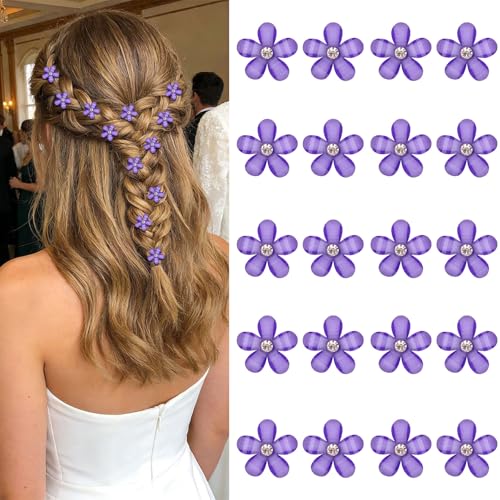 YISSION 20Pcs Mini Dark Purple Plaid Flower Hair Clips, Rhinestone Decorative Hair Pins for Women and Girls Wedding Bridal Prom Daily Hairstyle Accessories - color: Dark Purple