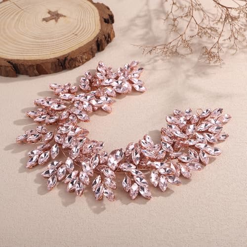 Missgrace Women Silver Green Black Red Blue Handmade Full Crystal Rhinestone Large Headband Hair Vine Shinny Headpiece Bridal Wedding Hair Accessories for Women (Rose gold pink) - color: Rose gold pink