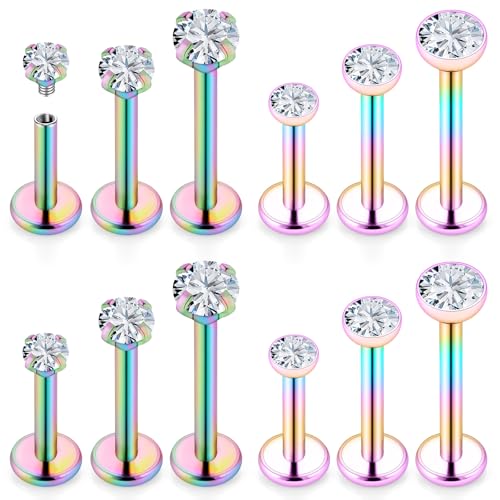 16G Internal Thread Flat Back Earrings Nose Studs 316L Surgical Steel Medusa Labret Monroe Lip Ring Tragus Forward Helix Conch Cartilage Lobe Earrings Stud Piercing Jewelry For Women Men - color: Rainbow-Clear CZ