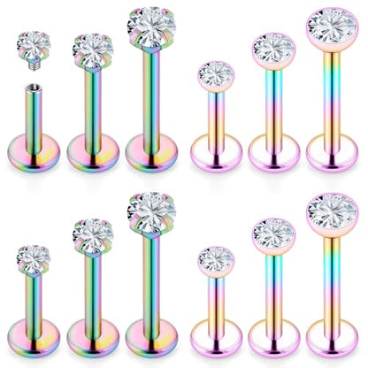 16G Internal Thread Flat Back Earrings Nose Studs 316L Surgical Steel Medusa Labret Monroe Lip Ring Tragus Forward Helix Conch Cartilage Lobe Earrings Stud Piercing Jewelry For Women Men - color: Rainbow-Clear CZ