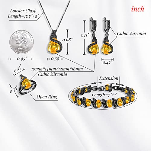 GZWHD Jewelry Set for Women Water Drop Cubic Zirconia Artificial Crystal Earrings Pendant Necklace Open Ring Tennis Bracelet Wedding Anniversary Birthday Engagement Gift for Bridesmaid Wife Girlfriend Friend - color: Black Gun-Yellow