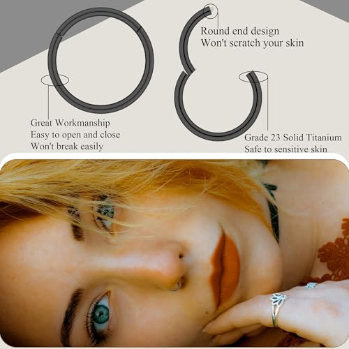 BLISI Grade 23 Titanium Nose Rings Hoops - 20G/18G/16G, 6/7/8/9/10mm Diameter, Hinged Click Rings for Nose, Lip, Helix, Cartilage, Rook - Hypoallergenic sleeper earrings, Black/Silver/Gold/Pink - color: 1PC, Black, size: 18 Gauge, 6mm