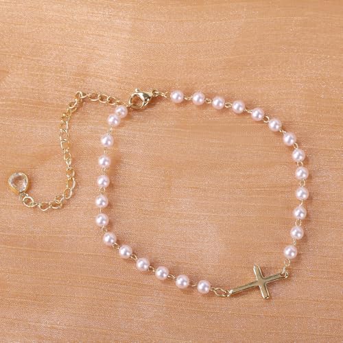 Mikovivi Pearl Cross Ankle Bracelet for Women, Adjustable Boho Beaded Anklets Waterproof Summer Beach Foot Jewelry Gift