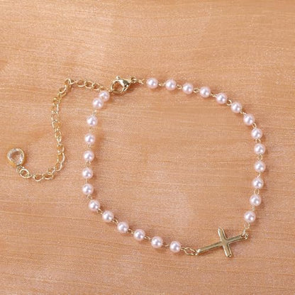 Mikovivi Pearl Cross Ankle Bracelet for Women, Adjustable Boho Beaded Anklets Waterproof Summer Beach Foot Jewelry Gift