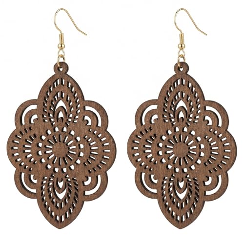 Boho Black Filigree Dangle Earrings for Women, Lightweight Hollow Lace Drop, Wood, 3.34" x 1.69", Bohemian Jewelry - color: Brown