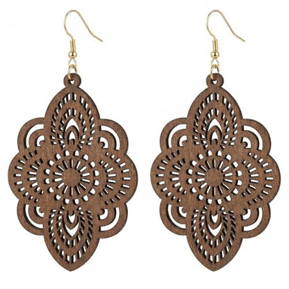 Boho Black Filigree Dangle Earrings for Women, Lightweight Hollow Lace Drop, Wood, 3.34" x 1.69", Bohemian Jewelry - color: Brown