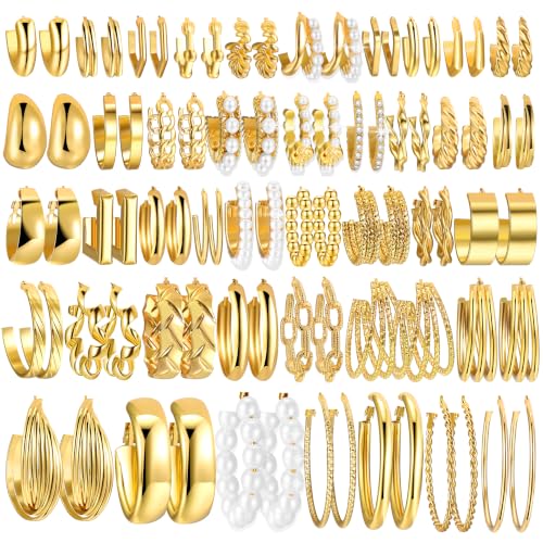 42 Pairs Gold Hoop Earrings Set for Women, Hypoallergenic Multipack Small to Chunky Hoops, Pearl & Twisted Trendy Earrings for Everyday Wear & Mothers Day Gifts - color: Gold-42 pairs