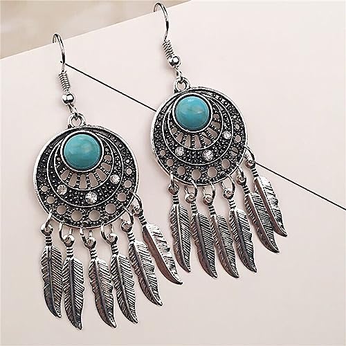 Dream Catcher Dangle Earrings for Women Retro Boho Style Metal Dangle Drop Earrings Vintage Bohemian Dream Catcher Statement Feather Dangle Tassels Turquoise Earrings Ethnic Feather Tassel Earrings Dream Catching Leaf Tassel Turquoise Earrings Jewelry - c