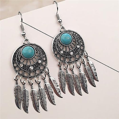 Dream Catcher Dangle Earrings for Women Retro Boho Style Metal Dangle Drop Earrings Vintage Bohemian Dream Catcher Statement Feather Dangle Tassels Turquoise Earrings Ethnic Feather Tassel Earrings Dream Catching Leaf Tassel Turquoise Earrings Jewelry - c