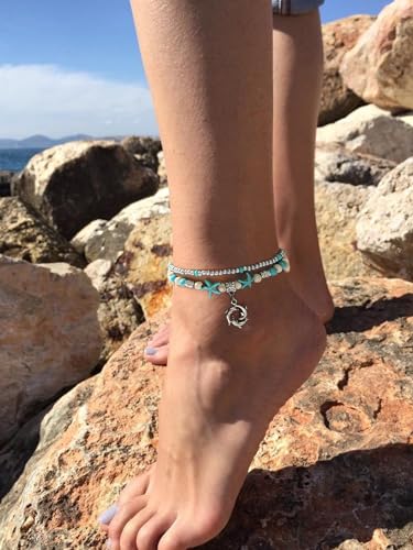 Starain Blue Turtle Anklets for Women Multilayer Beads Handmade Beach Ankle Bracelet Set Boho Foot Jewelry - color: 4Pcs Anklet Set