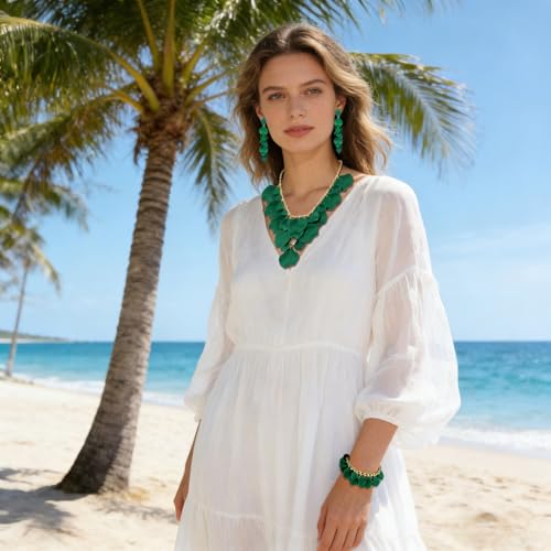 MOLOCH Flower Jewelry Sets for Women Rose Flower Petal Necklace Earrings Bracelets Set Layered Statement Accessories Summer Beach Party Jewelry Gifts - color: Green