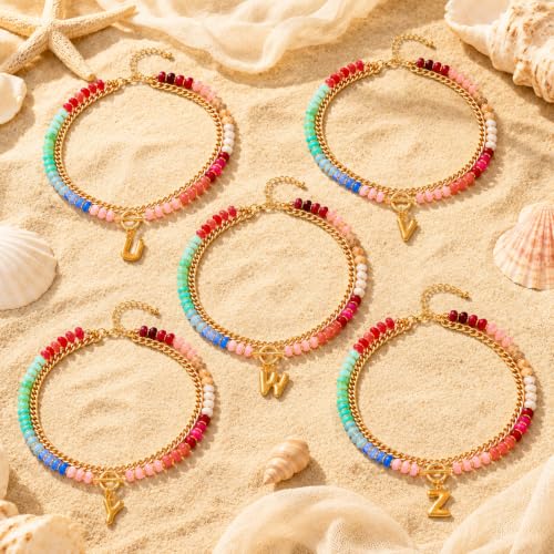 Colorful Beaded Bubble Letter Necklace For Women, Boho Double Layer Dopamine Rainbow Resin Beads Thick Cuban Chain Chunky With Initials Pendant Necklaces Summer Beach Jewelry Gift ﻿ - color: Dop G