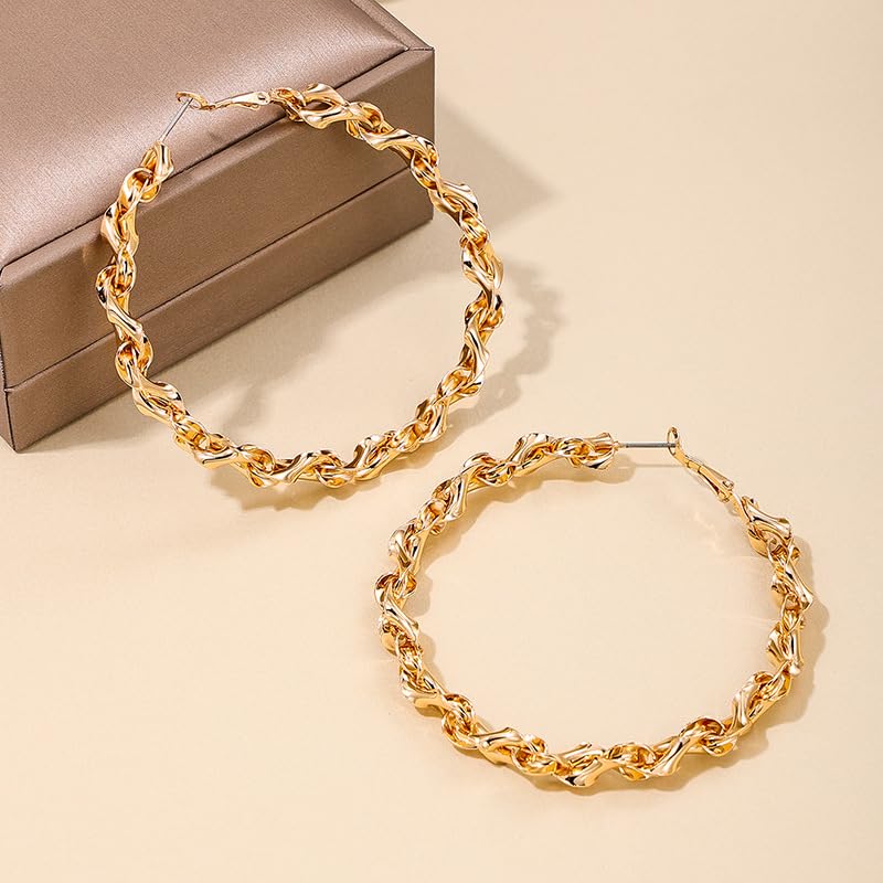 Twisted Rope Hoop Earrings for Women Chunky Big Large Hoop Earrings Minimalist Round Circle Huggie Hoops Earrings Gift - color: gold-tone