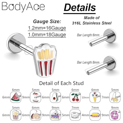 16G/18G Stud Piercings Jewelry Food Fruit Lip Studs Labret Ring Surgical Steel Flat Back Earrings for Nose Conch Lip Medusa Tragus Piercing Internal Thread - color: A, size: 1.2mm=16G;Bar Length:8mm