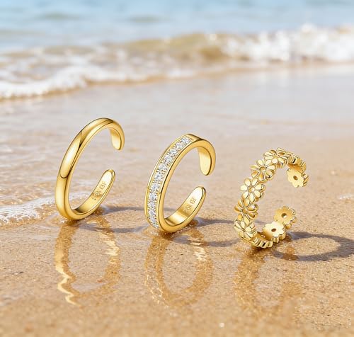 3Pcs Gold Toe Rings for Women,Trendy CZ Flower Toe Rings Silver Open Adjustable Band Ring Summer Foot Jewelry Accessories - color: flower