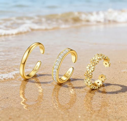 3Pcs Gold Toe Rings for Women,Trendy CZ Flower Toe Rings Silver Open Adjustable Band Ring Summer Foot Jewelry Accessories - color: flower