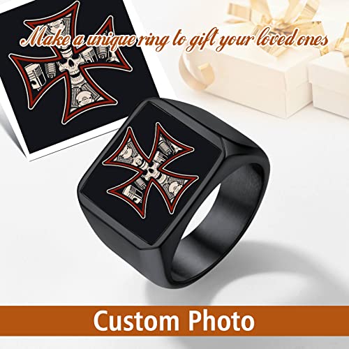 FindChic Customized Signet Photo Rings Square/Heart/Round Chunky Band Ring Stainless Steel/18K Gold Plated/Black Size 7 to 14 Personalized Jewelry for Men Women, Send Gift Box - color: 01. square-no stones (black)