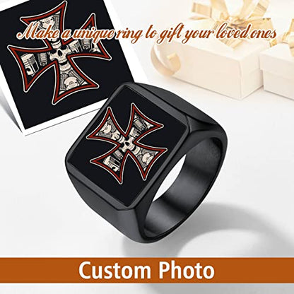 FindChic Customized Signet Photo Rings Square/Heart/Round Chunky Band Ring Stainless Steel/18K Gold Plated/Black Size 7 to 14 Personalized Jewelry for Men Women, Send Gift Box - color: 01. square-no stones (black)
