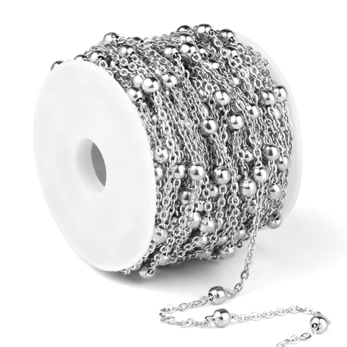 33FT 2mm Stainless Steel Satellite Bead Chains Roll Bulk for Jewelry Making | 304 Stainless Steel Ball Beaded Cable Link Chains Spool for Necklace DIY Craft - color: Stainless Steel Big Beads Satellite Cable Chain