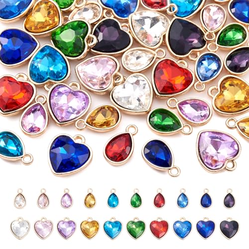 Cheriswelry 40Pcs Faceted Glass Heart Alloy Charms Rhinestone Crystal Teardrop Pendants with Zinc Findings 20 Styles 15-16.5mm for DIY Crafts Necklace Earring Jewelry Making - color: Mixed Color-Heart & Teardrop