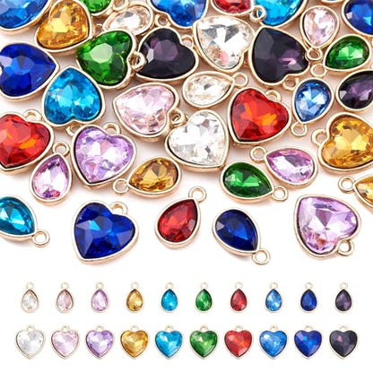 Cheriswelry 40Pcs Faceted Glass Heart Alloy Charms Rhinestone Crystal Teardrop Pendants with Zinc Findings 20 Styles 15-16.5mm for DIY Crafts Necklace Earring Jewelry Making - color: Mixed Color-Heart & Teardrop