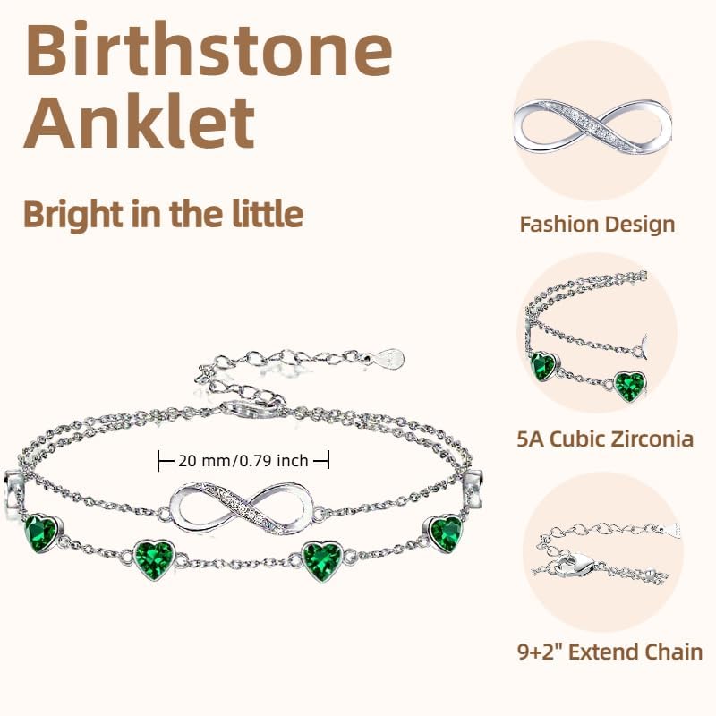 Prismata Infinity Birthstone Charm Link Bracelet/Anklet 925 Sterling Silver Adjustable 12 Months Birthstone Infinity Bracelet/Anklet Birthday Jewelry Gifts for Women Her - color: 05-May, size: 9‘+2’ Anklet