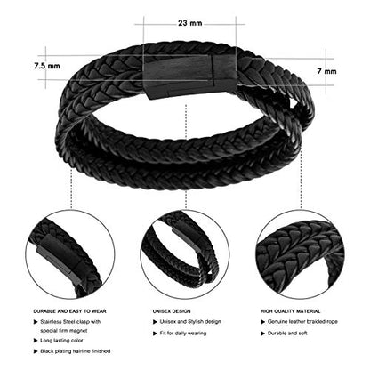 555Jewelry Stainless Steel Braided Double Wrap Leather Twist Rope Chain Cord Adjustable Magnetic Clasp Simple Men Women Unisex Fashion Jewelry Accessory Bangle Bracelet, Black & Black 9 Inch