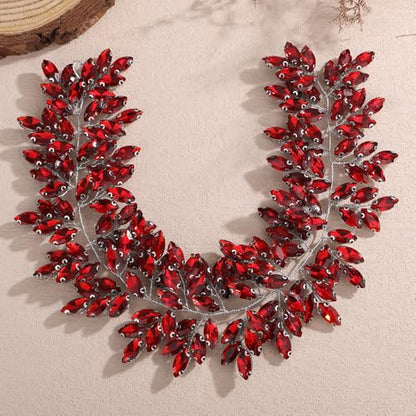 Missgrace Women Silver Green Black Red Blue Handmade Full Crystal Rhinestone Large Headband Hair Vine Shinny Headpiece Bridal Wedding Hair Accessories for Women (Silver red) - color: Silver red