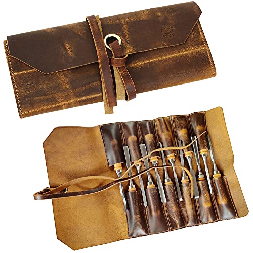 Leather Tool Roll Up Pouch - Leather Tool Wrench Roll/Chisel Bag by Rustic Town | Fit Carving & Hand Tools up to 9 inches, Compact Carry for Woodworkers, Electricians and DIY Projects, Secure Tie Closure - style: 12 Slots(large)
