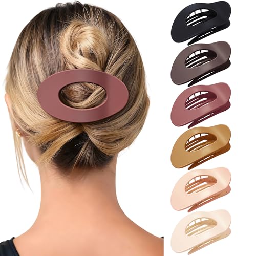 Mesovor 6 Pack Flat Hair Claw Clips, 4.33" Nonslip Round Lay Hair Clips | Strong Hold French Large Flat Hairclips for Lying Down, Yoga, Driving (Orange-red Matte) - color: Orange-red Matte