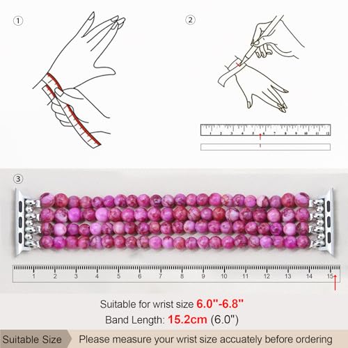 Newlibery Natural Stone Bracelet Beaded-Band Women Compatible with Apple Watch 42mm(S3/2/1) 44/45/46/49mm Feminine Handmade Stretch Strap for iWatch Series 11/10/9/8/7/6/5/4/3/2/1 SE 3/2/1 Ultra1/2/3 - color: A9 Rose Red, size: 46(s10/11)/49/45/44/42mm(s1