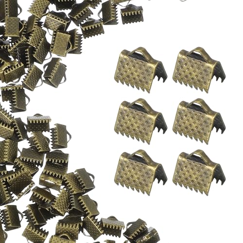 uxcell 200Pcs Ribbon Ends, 8mm Ribbon Crimp Clamp End Bookmark Leather Pinch Crimps Cord Ends, Foldable Clasps Crimp End for Necklace Bracelet DIY Craft Making, Bronze - color: Bronze, size: 8mm