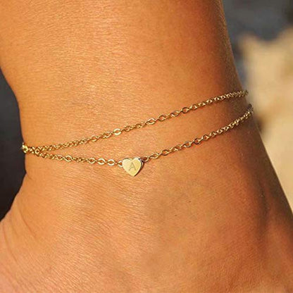 Heart Initial Ankle Bracelets for Women, 14K Gold Filled Handmade Dainty Layered Anklet Letter Initial Heart Ankle Bracelets for Women Beach Jewelry Gifts - style: L