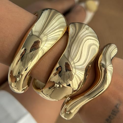 Big Chunky Gold Bracelets Set for Women 3Pcs Cuff Wide Bracelet Trendy High Shine Bracelets Minimalist Open Wide Cuff Bracelets Gold Bangle Bracelet Jewelry for Women - style: A-Gold
