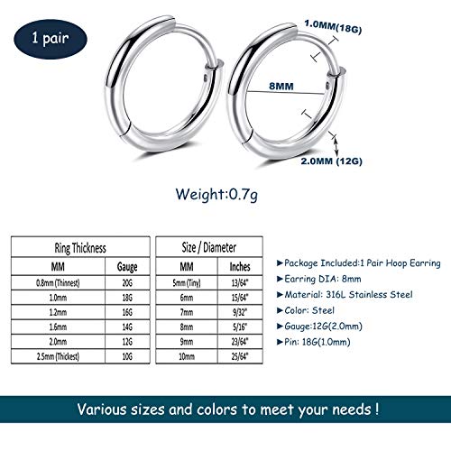Black Hoop Earrings for Men 8mm 10mm 12mm – Surgical Stainless Steel Hypoallergenic Mens Small to Medium Hoop Earrings Set (3 Pairs) - style: H:1pair,size:8mm,color:steel