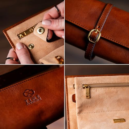 Time Resistance Leather Jewelry Roll - Full Grain Leather Travel Jewelry Case - Jewellery Organizer Made in Italy (Cognac Brown) - color: Cognac