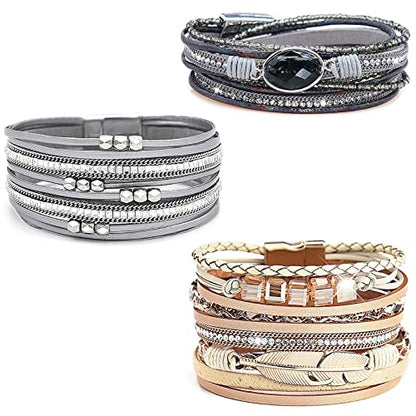 Leather Wrap Bracelet Set 3Pack Wrist Cuff Bracelet for Women Multilayer Magnetic Clasp Bracelet Feather Tree Bead Crystal Bracelet - color: Grey Crystal