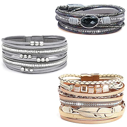 Leather Wrap Bracelet Set 3Pack Wrist Cuff Bracelet for Women Multilayer Magnetic Clasp Bracelet Feather Tree Bead Crystal Bracelet - color: Grey Crystal