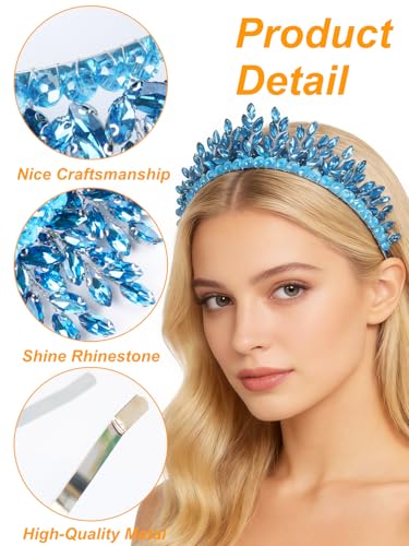 Bridal Rhinestone Headband Wedding Hair Accessories for Women, Pearl Crystal Headband Wedding Costume Headpieces for Brides Princess Quinceanera Christmas Party Prom Birthday(Light Blue) - color: Light Blue