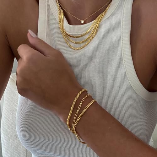 CONRAN KREMIX Waterproof Gold Necklace Layered Necklaces for Women Non Tarnish,14k Gold Plated Stainless Steel Dainty Stack Thin Chain Necklace Set for Women Gifts Jewelry - color: Gold-12