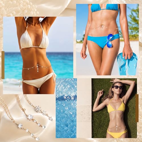 Hicarer 3 Pieces Crystal Belly Ring with Chain Rhinestone Waist Body Chain Bikini Belly Jewelry Beach Accessories Jewelry for Women Adults - color: Gold, style: Attractive Style
