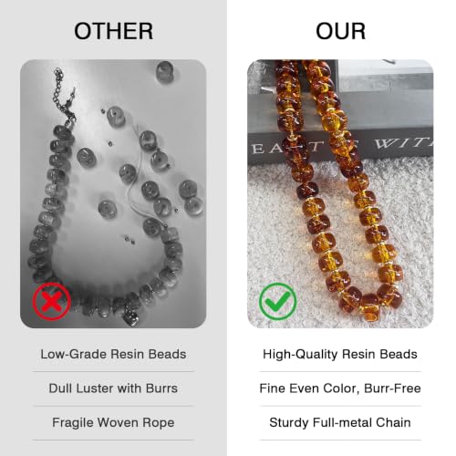 Colorful Chunky Resin Beaded Choker Necklaces for Women | Multicolor Beads, Sturdy Metal Chain, Adjustable, Detachable, Lightweight, Summer Beach Boho, Trendy Statement Jewelry Gift - color: Amber