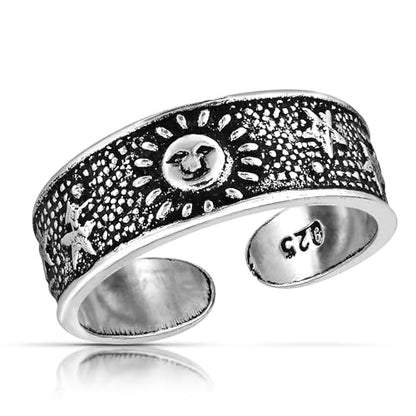 AeraVida .925 Sterling Silver Adjustable Toe Ring or Pinky Ring 5mm Wide Open Band, Stackable Minimalist Summer Foot Jewelry | Sun Moon Star Turtle Butterfly Leaf Olive Branch Ocean Wave Yin Yang Design - style: Celestial Sky 3