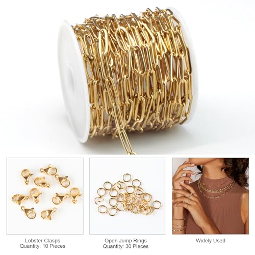 16.4 FT Gold PVD Plated Chains for Jewelry Making 4MM Paperclip Chain Link | Stainless Steel Gold Chain Bulk with Lobster Clasps Jump Rings for Women Men Necklace Making Supplies - color: Gold-5